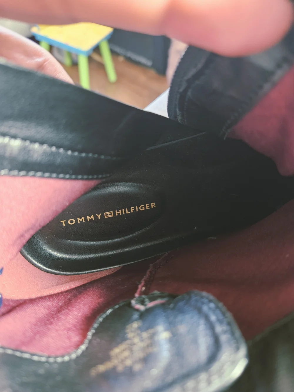 Tommy Hilfiger Black Leather Ankle Booties with Gold Logo Strap-Size 7
